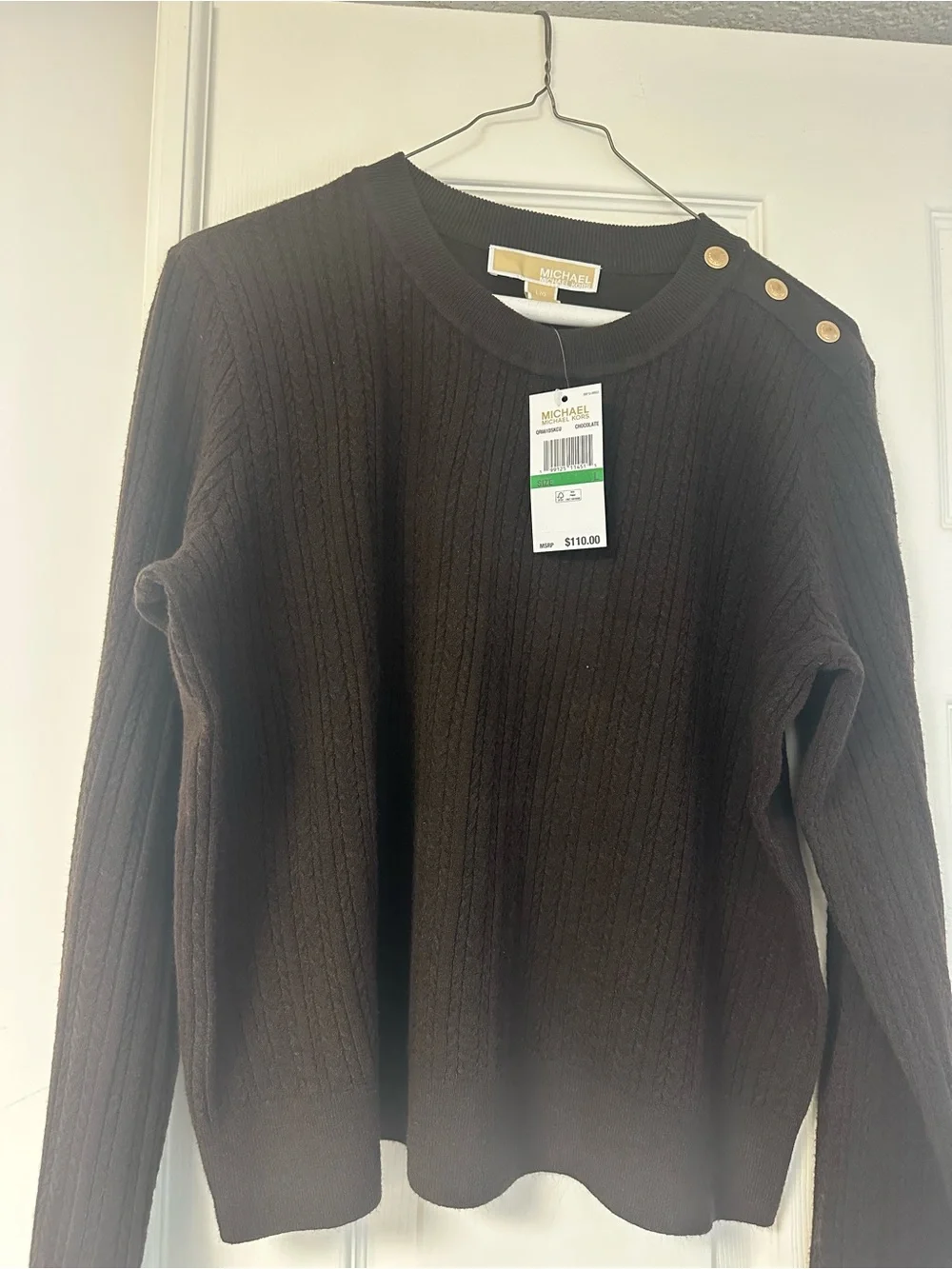 MICHAEL Michael Kors Chocolate Brown Cable Knit Sweater with Gold Buttons - Picture 2 of 6